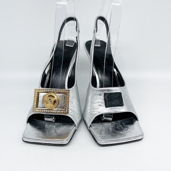 Versace Women's Metallic Medusa Buckle Slingback Sandals Silver EU 37 US 7 - Picture 2 of 11
